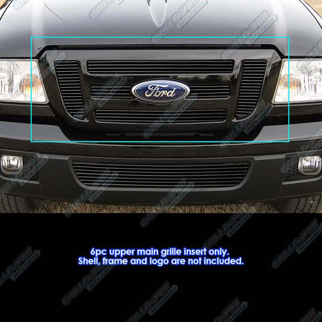Fits 2006-2012 Ford Ranger FX4/XL/XLT 6 Panel Upper Aluminum Black Billet Grill