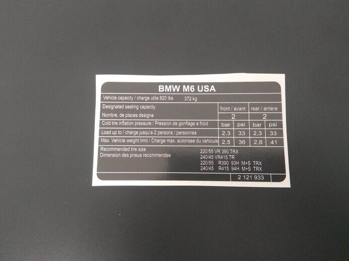 Restoration decal for BMW tire pressure E31 850i USA