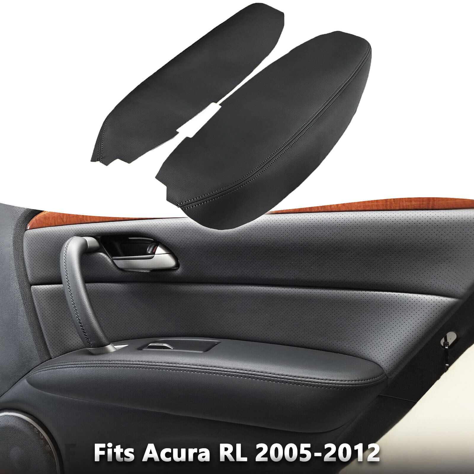 Fits 2005-2012 Acura RL Front Door Panel Armrest Leather Cover Trim Black 2pcs