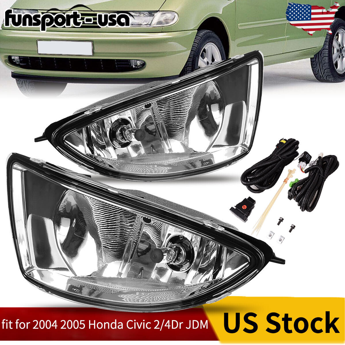 for 2004-2005 Honda Civic 2/4Dr JDM Clear Bumper Fog Light Lamp+Harness w/Switch