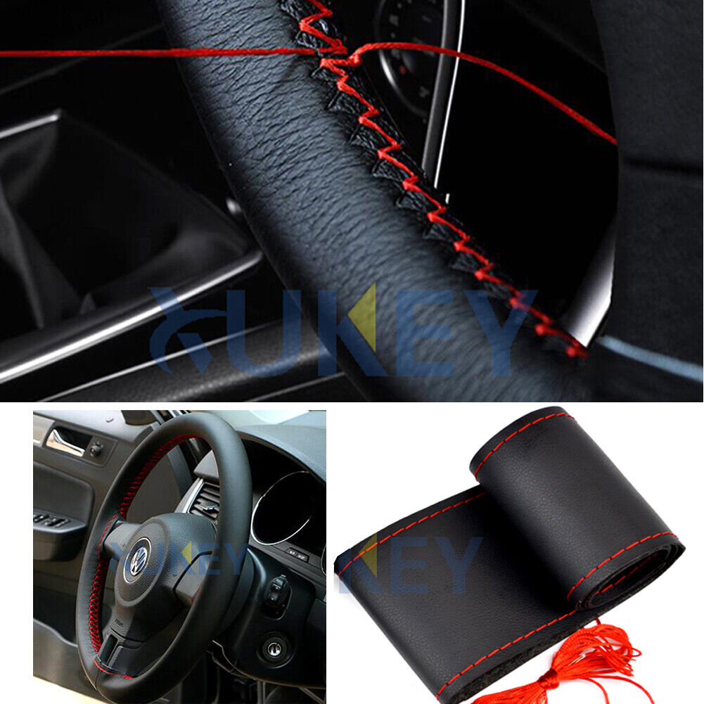 Genuine Leather Sport DIY Steering Car Wheel Cover With Red Needle Thread