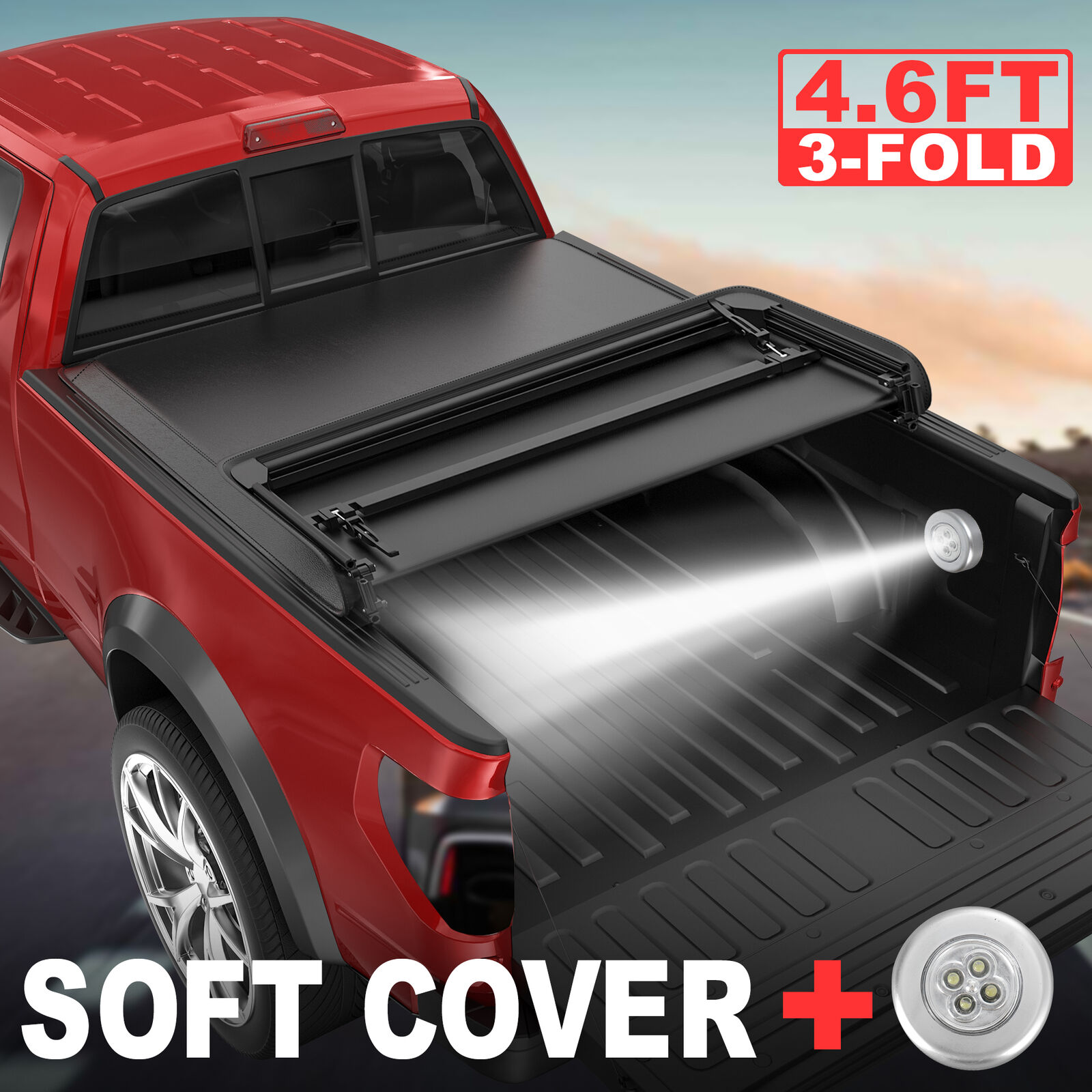 Truck Tonneau Cover For 2022-2024 Ford Maverick 4.6FT Bed Tri-Fold w/ LED Lamp