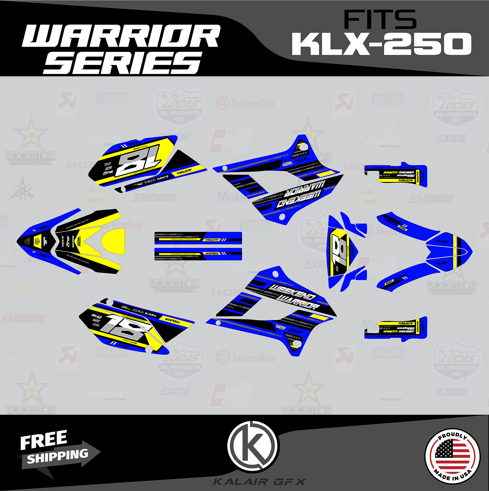 Graphics Kit for Kawasaki  KLX250 (2008-2020) KLX 250 Warrior-blue