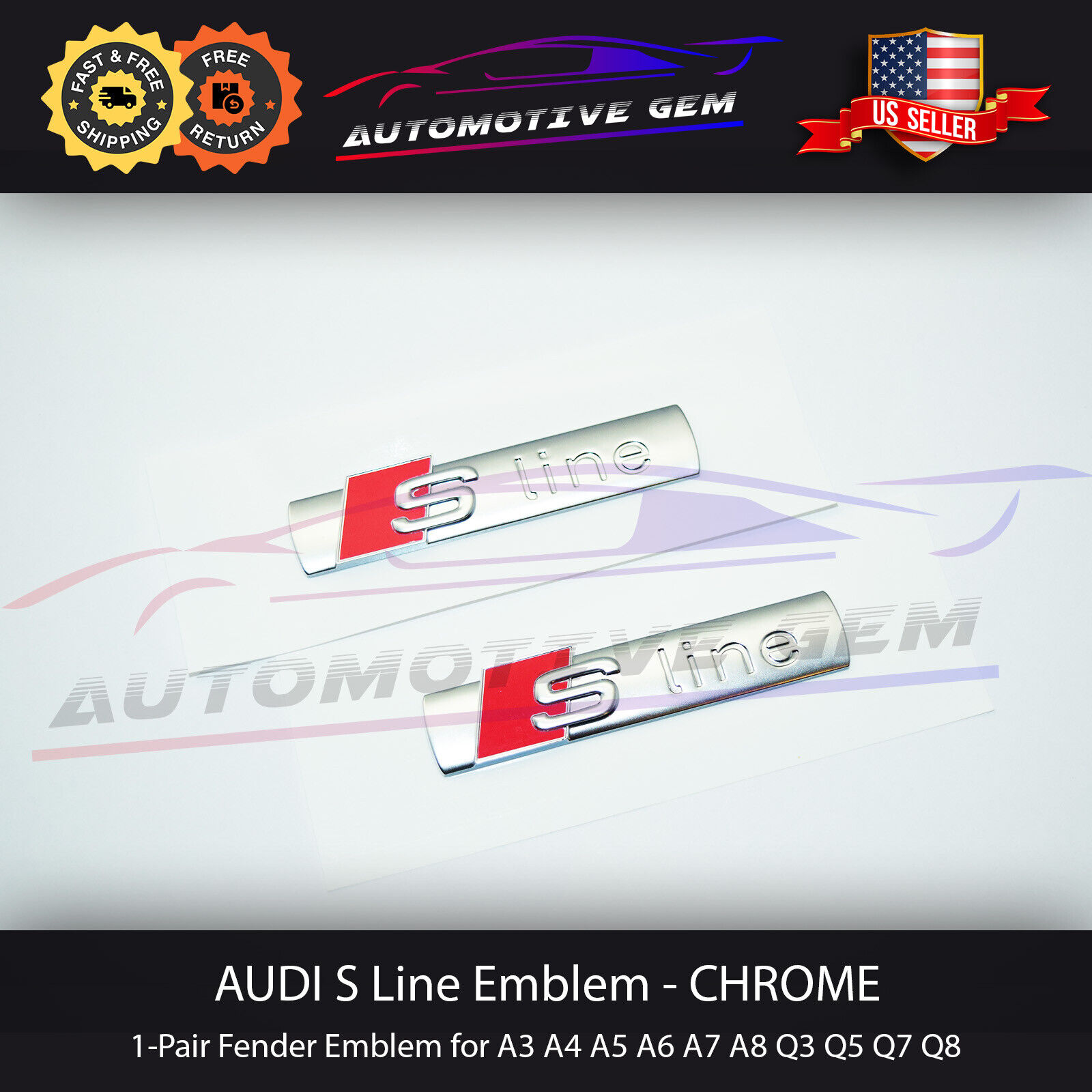 Audi S LINE Emblem Chrome Red Side Fender Logo Decal Badge Sticker Pair OEM