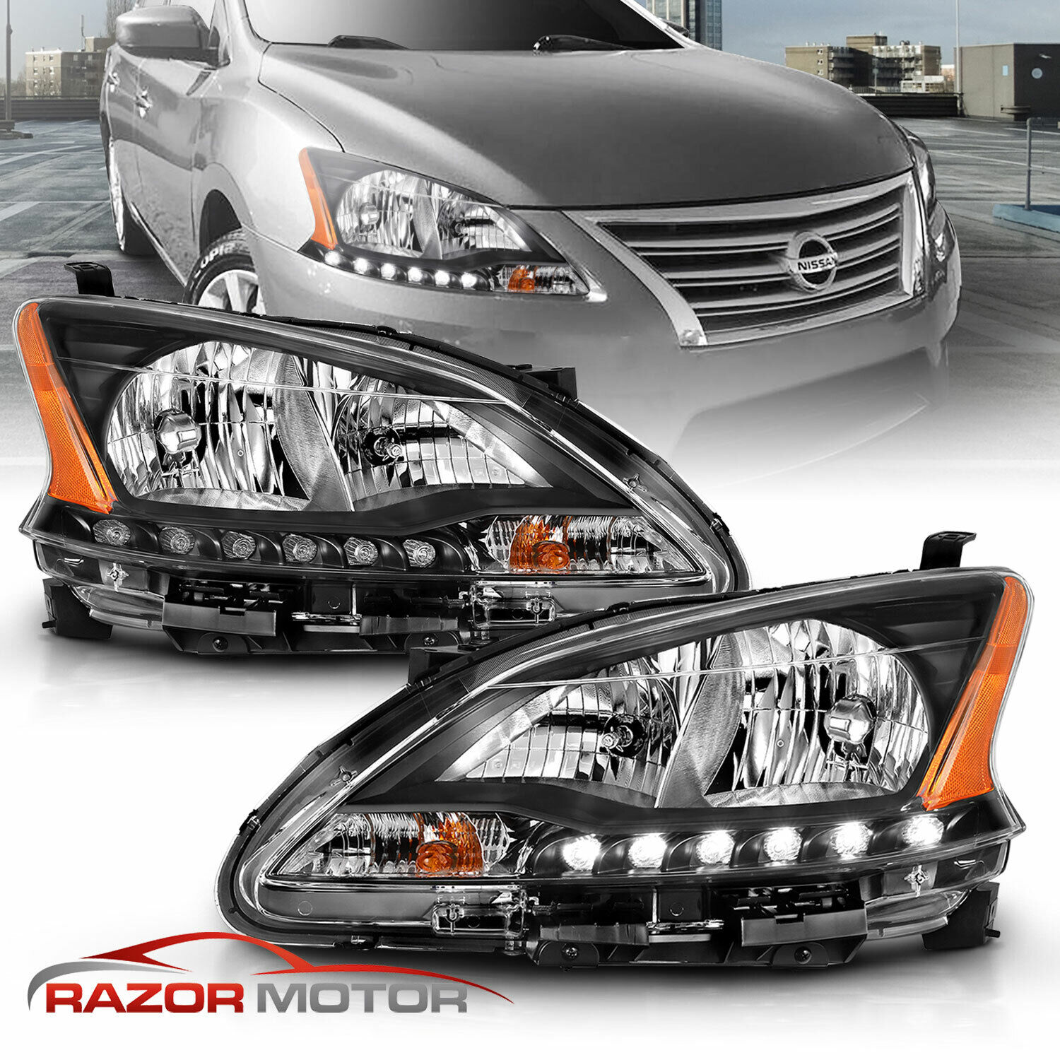 [LED DRL]For 2013-2015 Nissan Sentra 4-Door Sedan Black Factory style Headlights