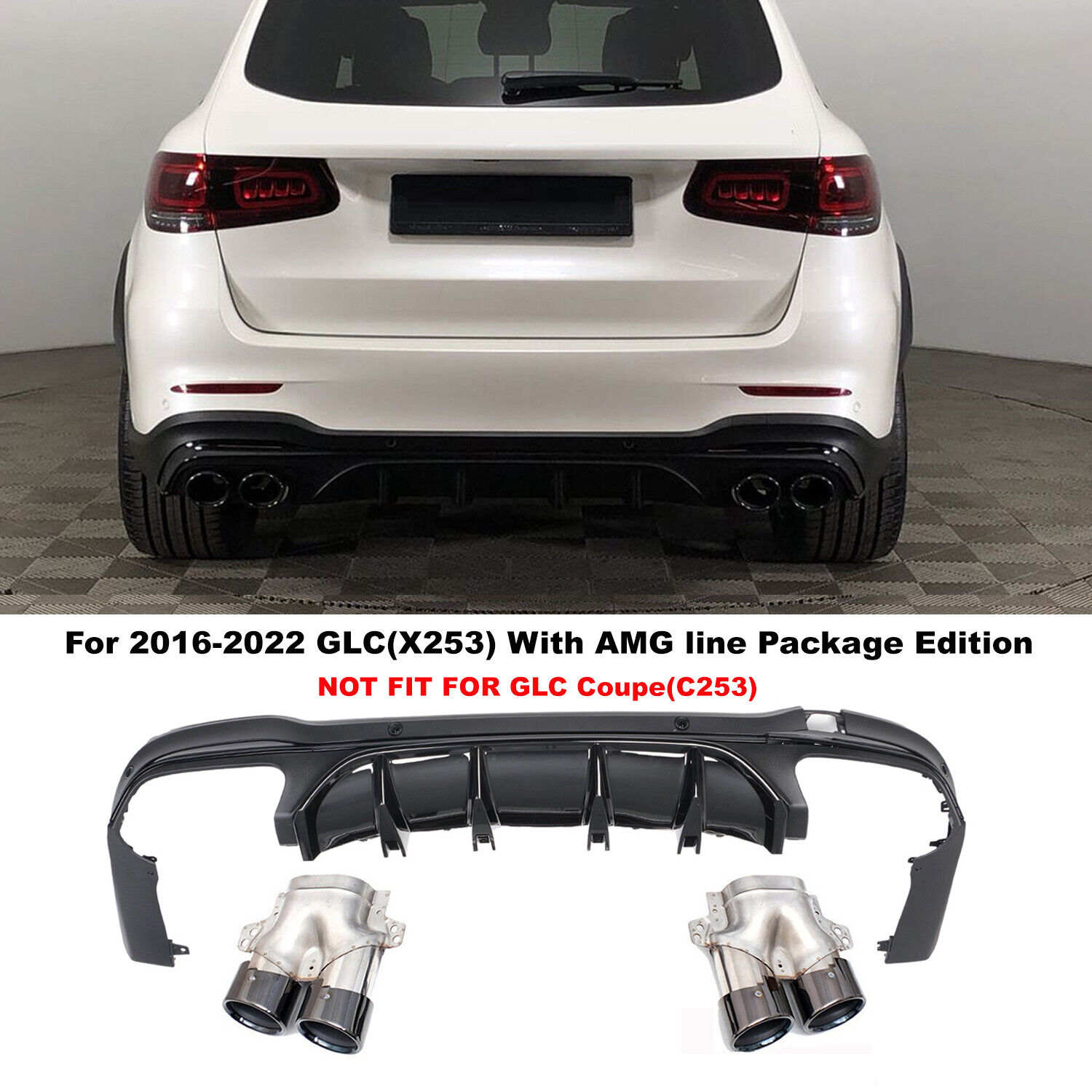 For Mercedes-Benz 2016-2022 GLC X253 Rear Bumper Diffuser W/ 4 Exhaust Holes