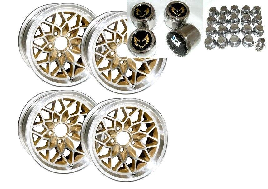 TRANS AM 15X8 GOLD SNOWFLAKE WHEEL KIT W/ NEW LUG NUTS STAINLESS CENTER CAPS