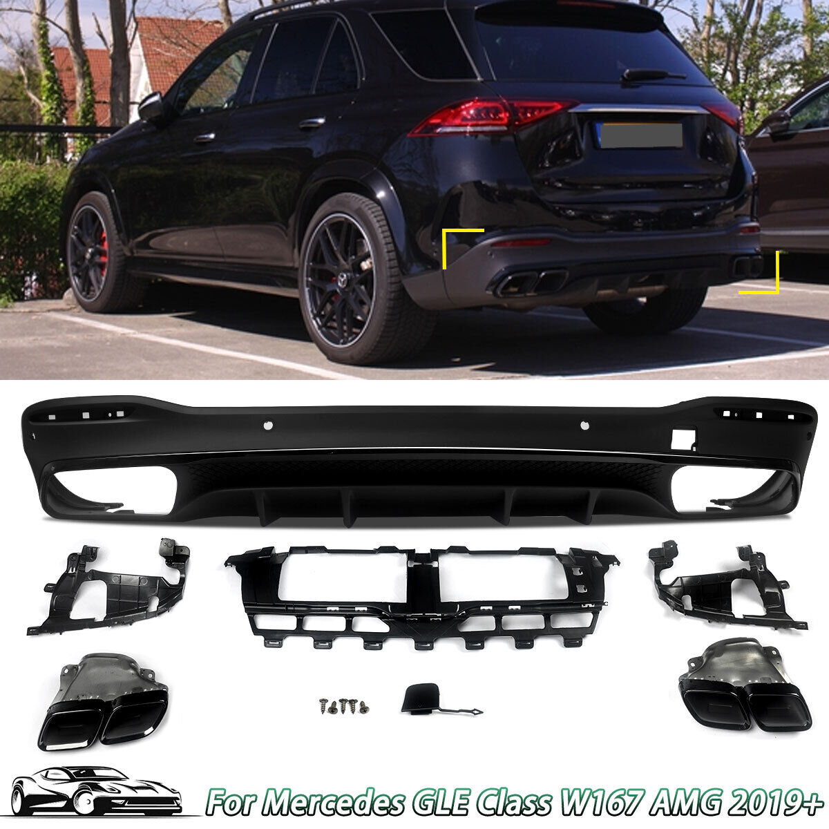 For Benz W167 GLE450 GLE63 AMG Look Coupe Rear Bumper Diffuser Lip & Tailpipe US