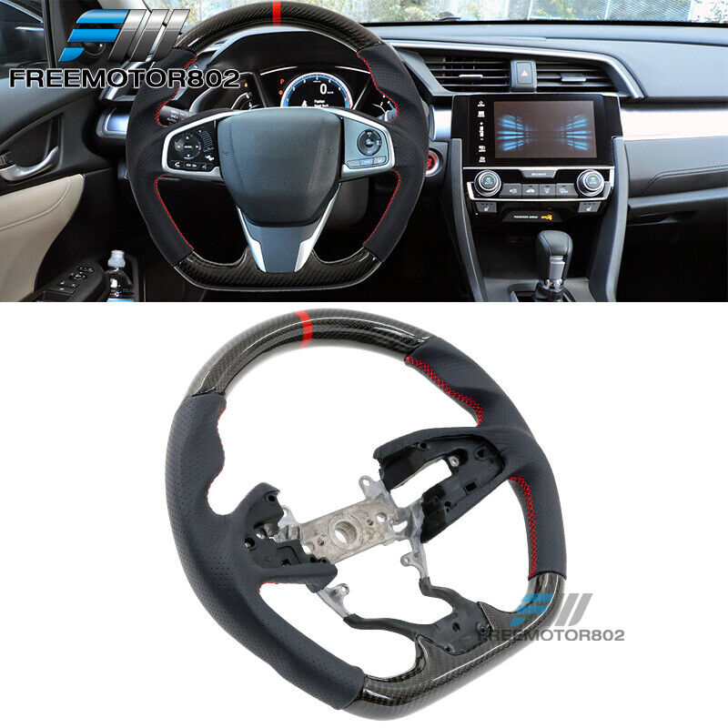 Fits 16-21 Honda Civic Carbon Fiber Leather Steering Wheel Red Stitch Indicator
