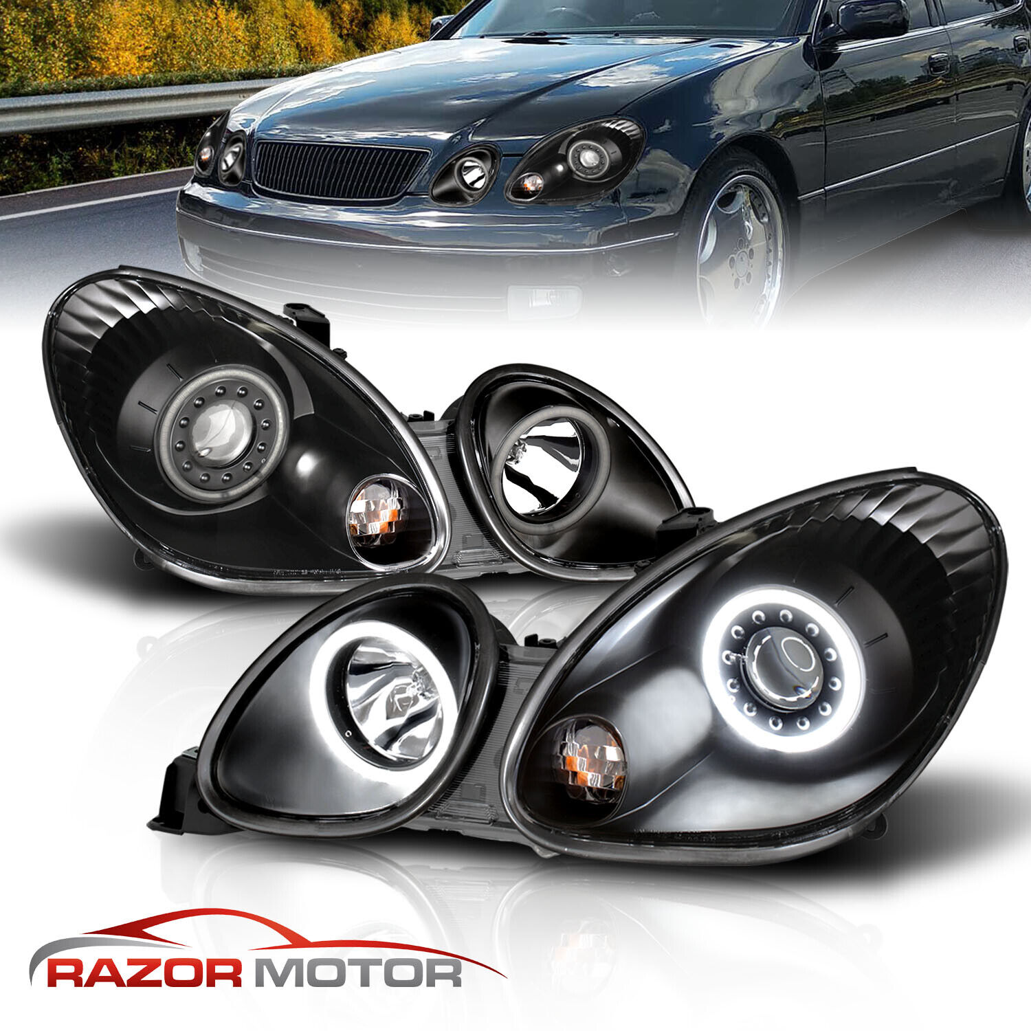 [LED Halo]For 1998-2005 Lexus GS300 GS400 GS430 4DR Projector Black Headlights