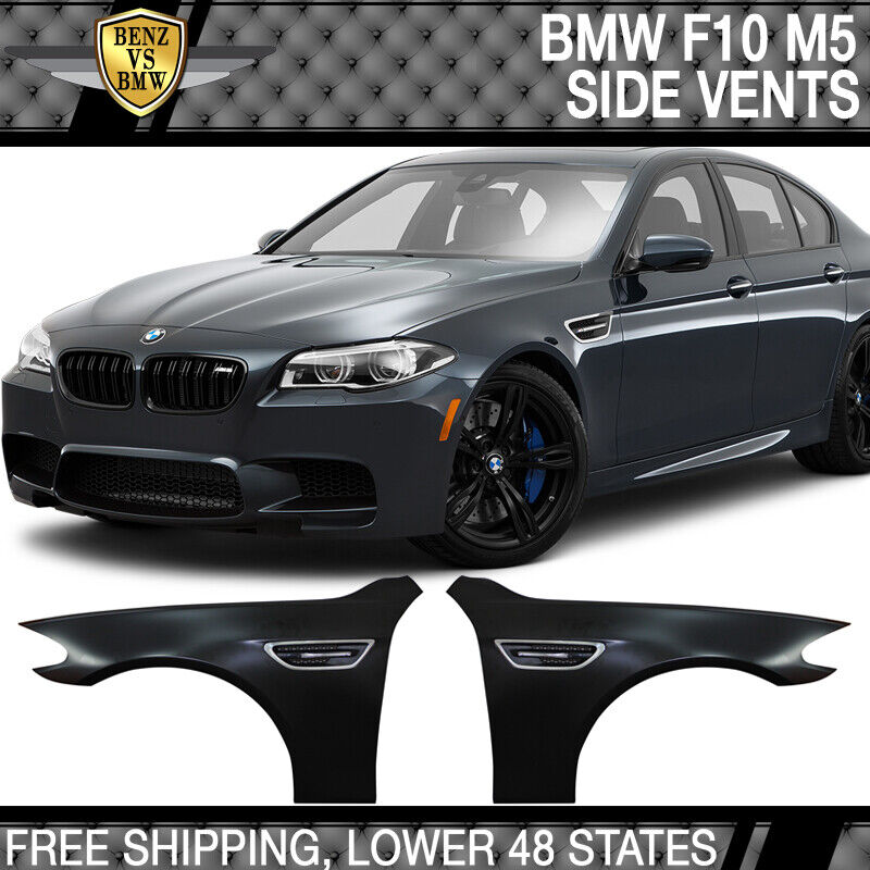 Fit 11-16 F10 5 Series M5 Style Metal Fenders + Chrome Side Vent + LED Side Lamp