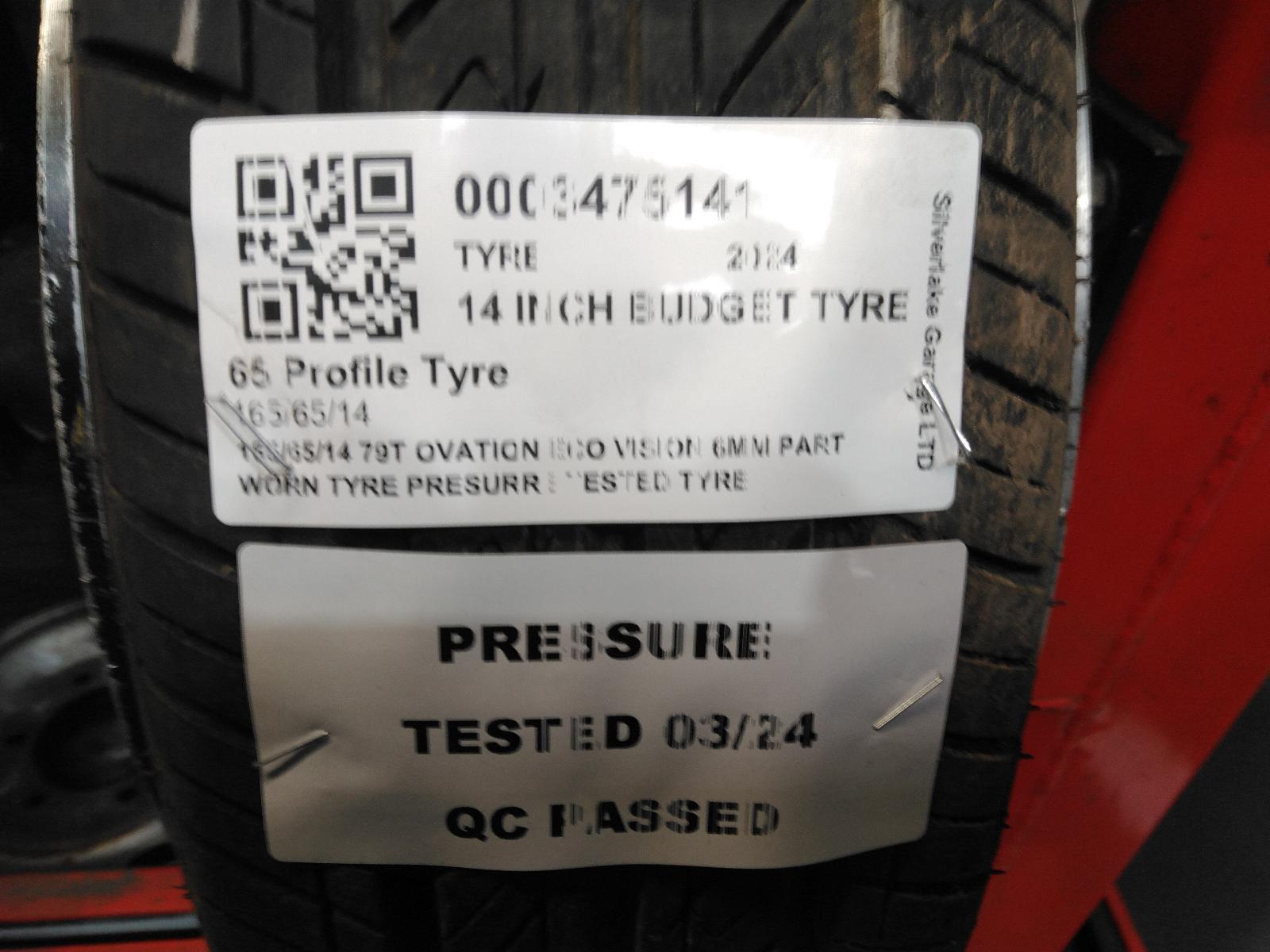 165/65/14 79T OVATION ECO VISION 6MM PART WORN TYRE PRESURRE TESTED TYRE