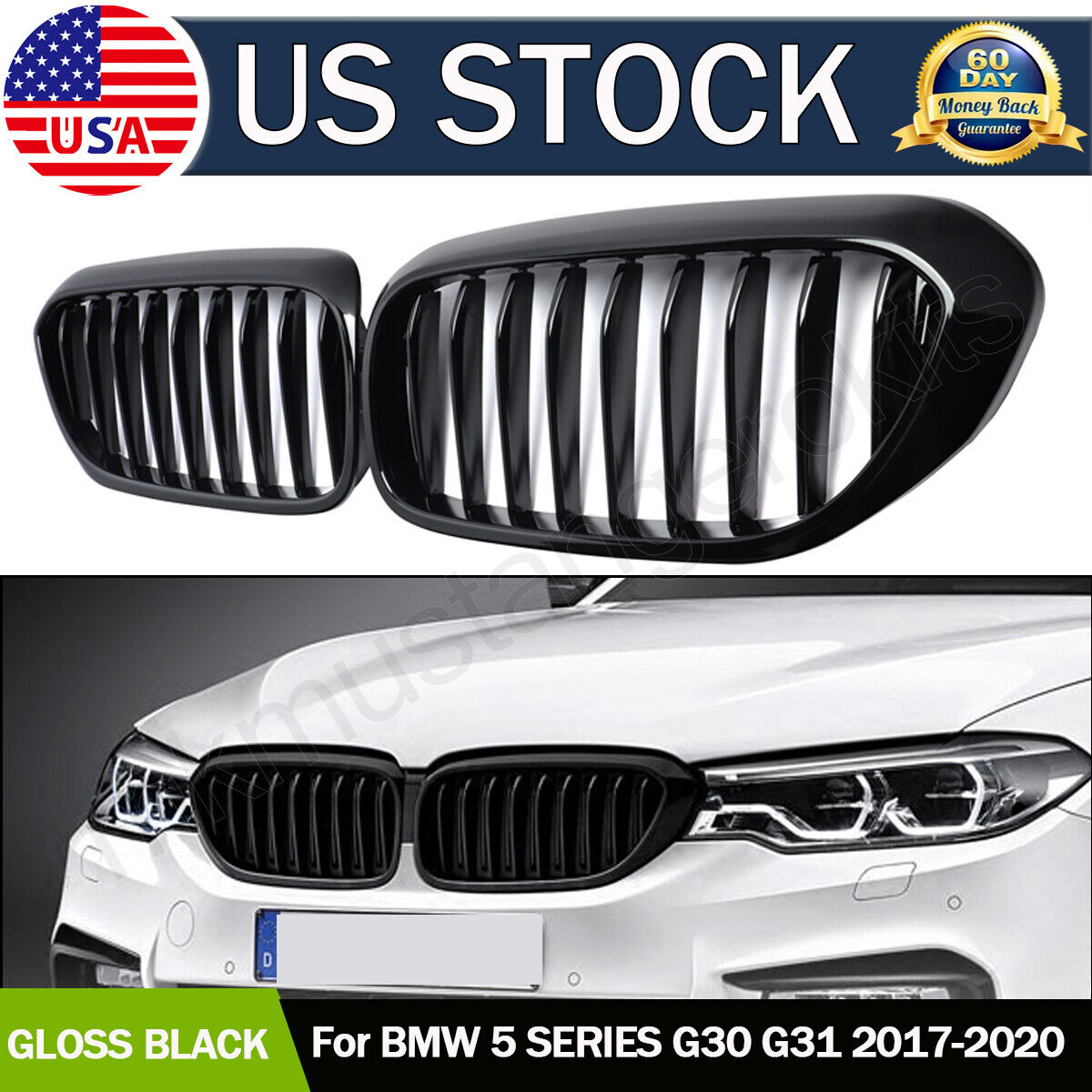Shiny Black Front Kidney Grilles Grills For BMW G30 G31 5-Series 530i 540i 17-20