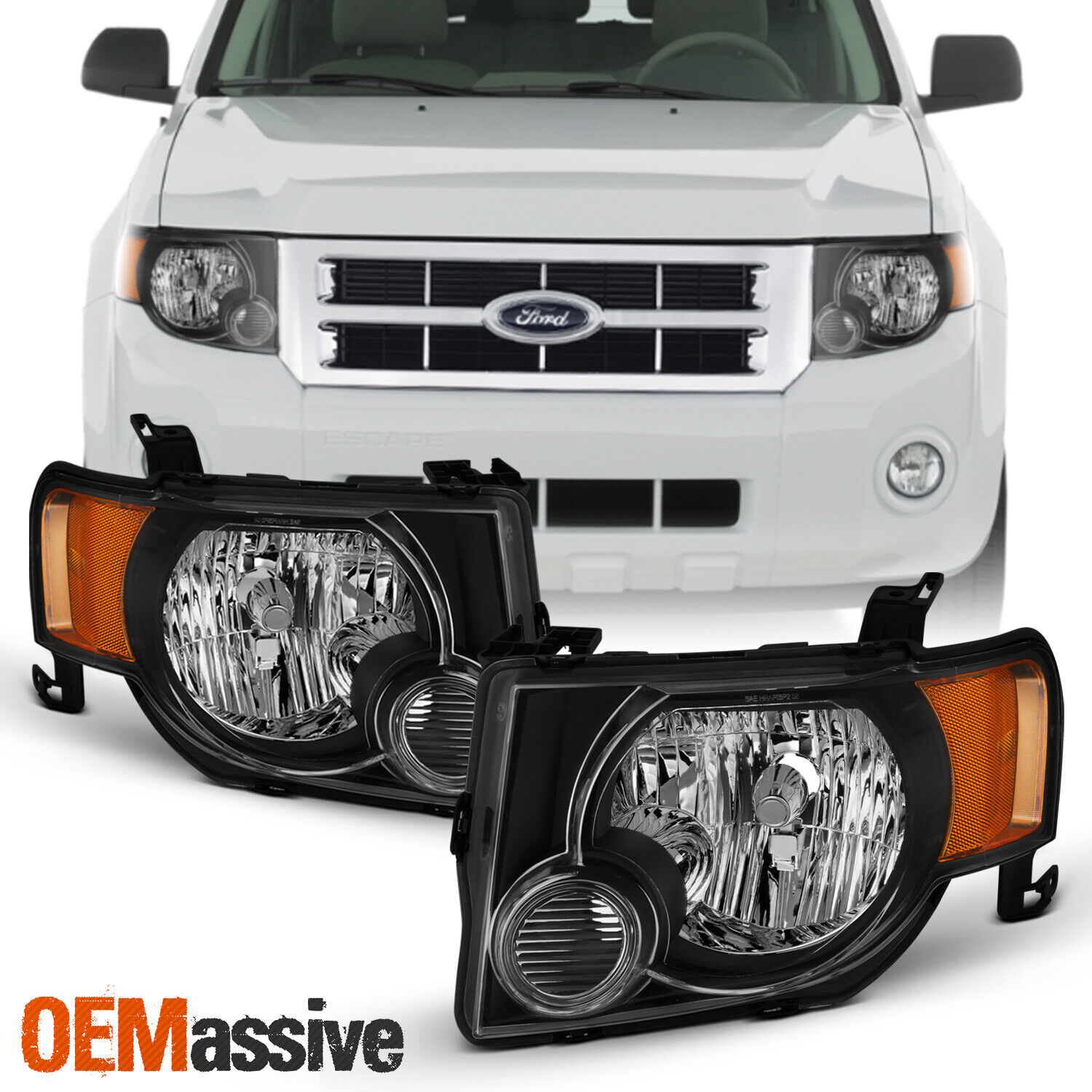 For 2008-2012 Ford Escape [OE Style] Black Headlights Left+Right Lights Lamps