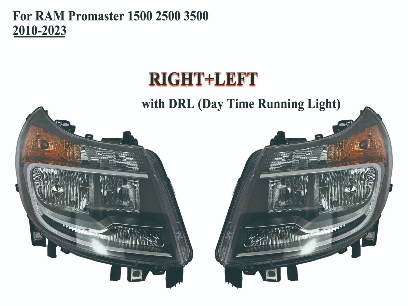 Pairs Left+Right Headlamp Headlight with DRL for 2010-2022 RAM Promaster