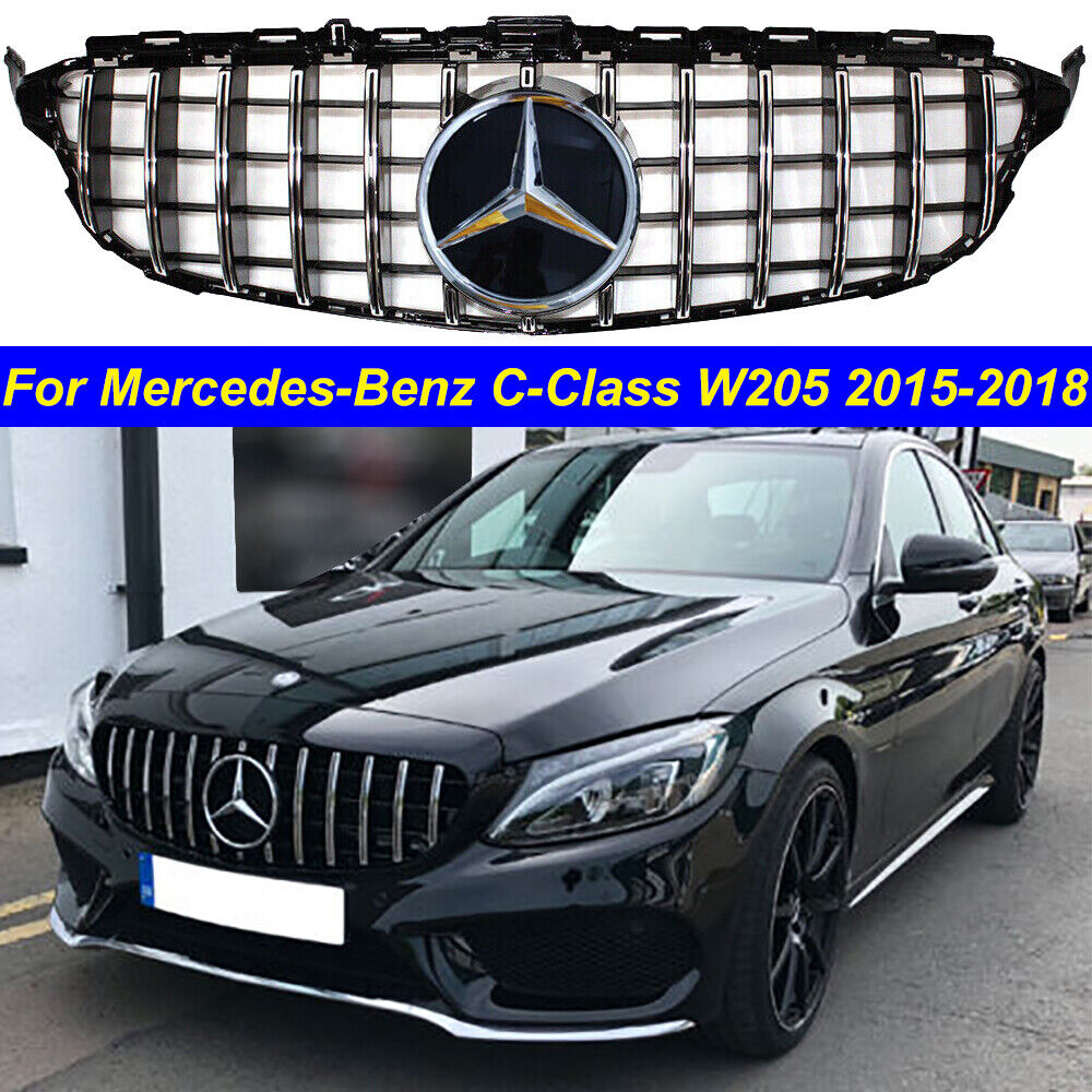 Grille GT R Style For 2015-2018 Mercedes Benz W205 C250 C300 C400 W/Badge Chrome
