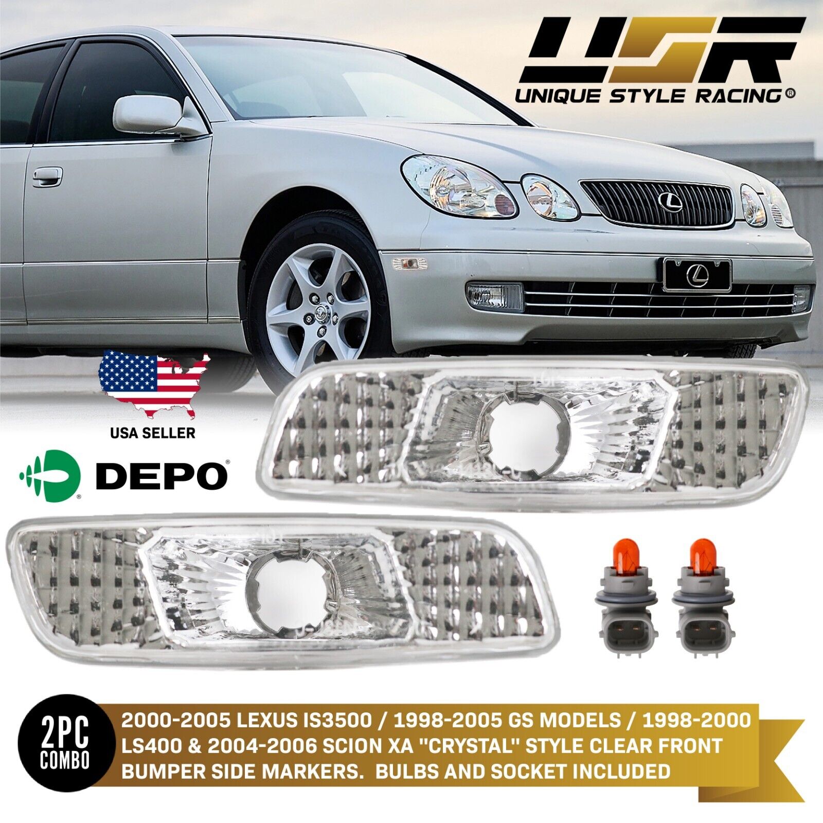 DEPO Front Clear Bumper Side Markers FIT 98 99 00-05 Lexus GS300 / GS400 / GS430