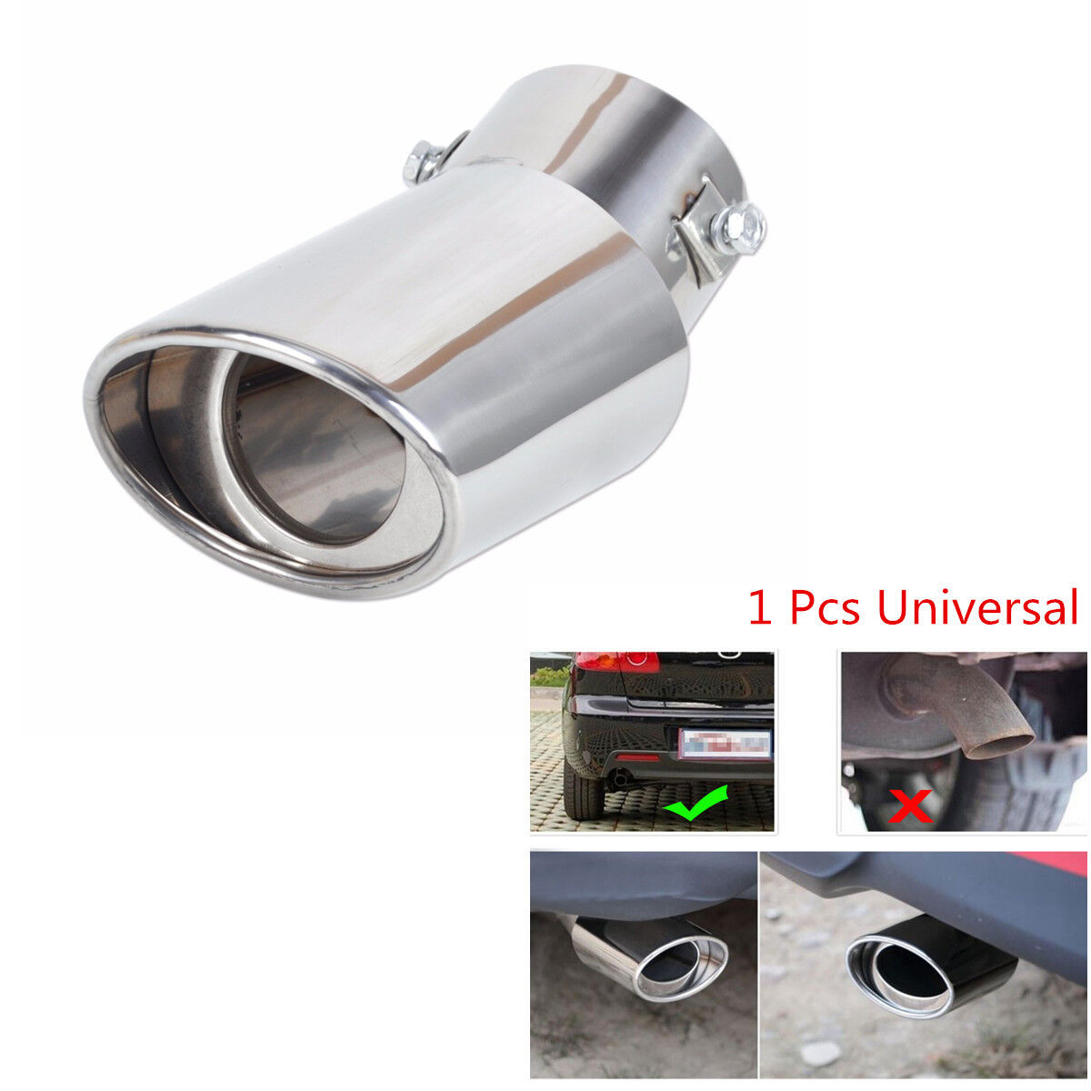 Car Universal Round Silver Stainless Steel Chrome 1Tail Muffler Tip Pipe