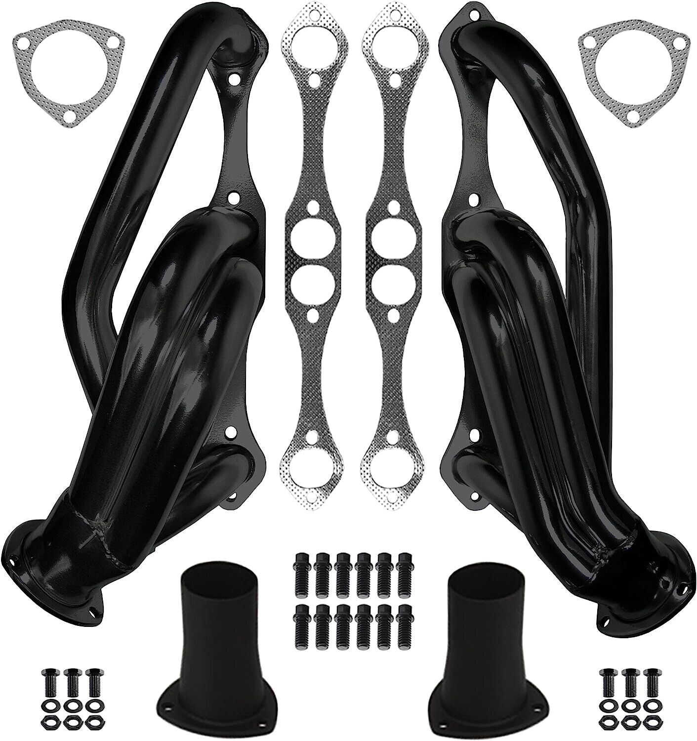 NEW 55-57 CHEVY CHASSIS HEADERS FOR RACK & PINION,SBC 262-400,BLACK PAINT,TRI5