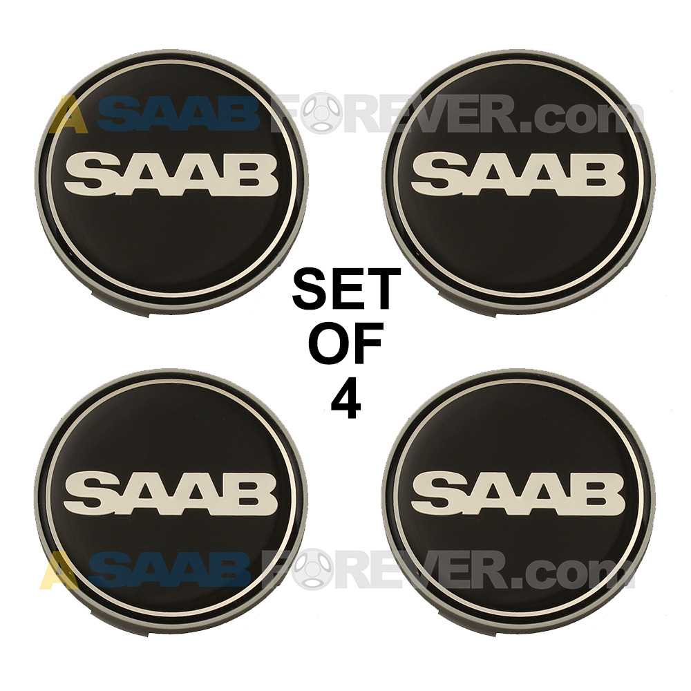 SAAB NEW 9-3 9-5 BLACK NEVS WHEEL CENTER CAPS SET OF 4 CAPS OEM 62.5mm 2100004