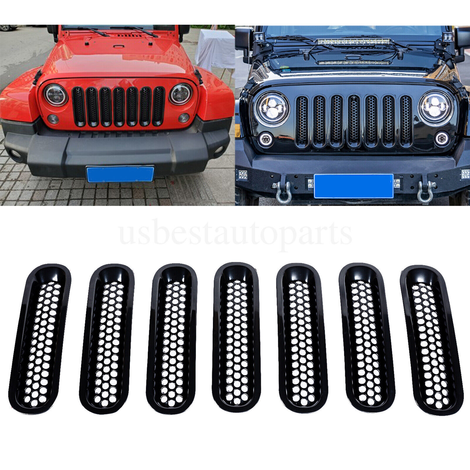 Fit For Jeep Wrangler JK 2007-18 Front Grill Insert Mesh Grille Trim Cover 7PCS