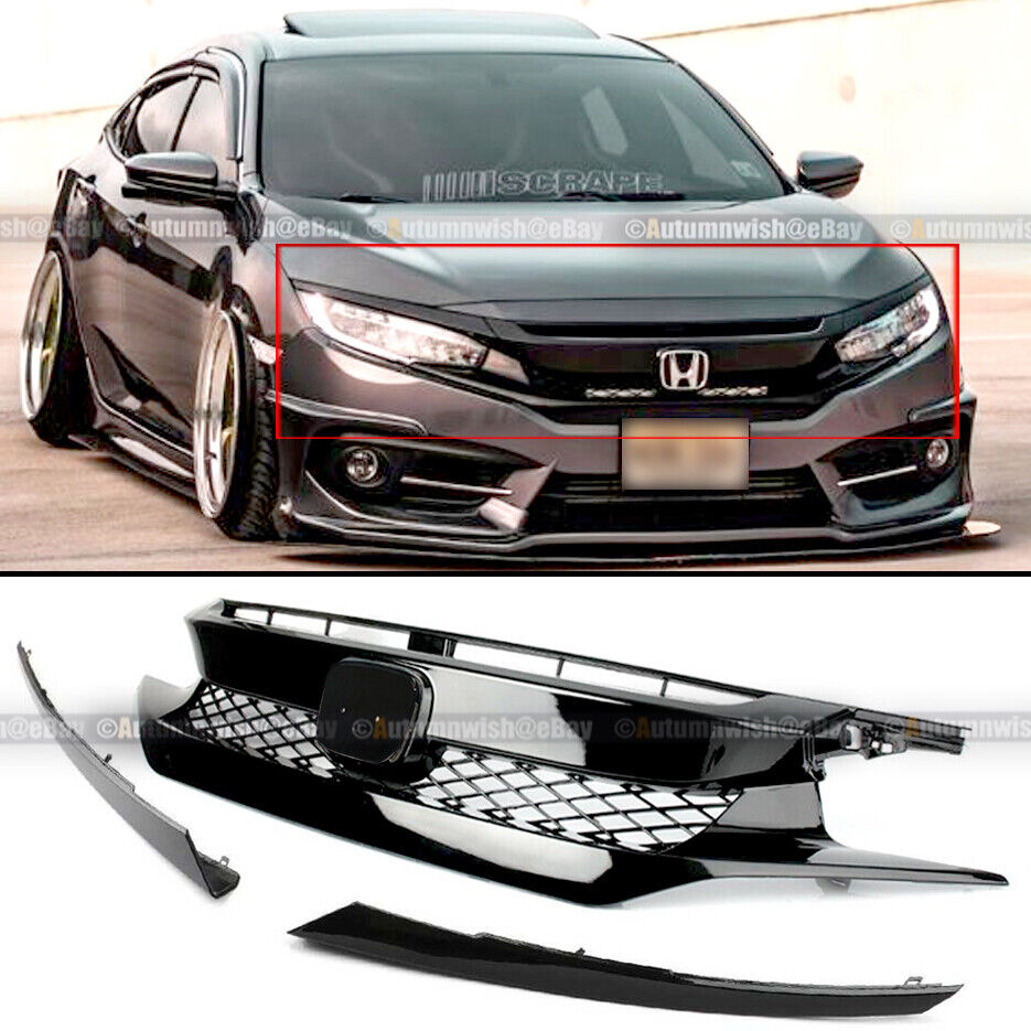 For 16-18 Civic 10th X FK8 Type R Glossy Black Bumper Grille + 2 Pieces Eyebrows