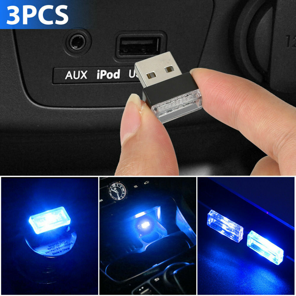 Blue 3x Mini LED USB Car Interior Light Neon Atmosphere Ambient Lamp Accessories