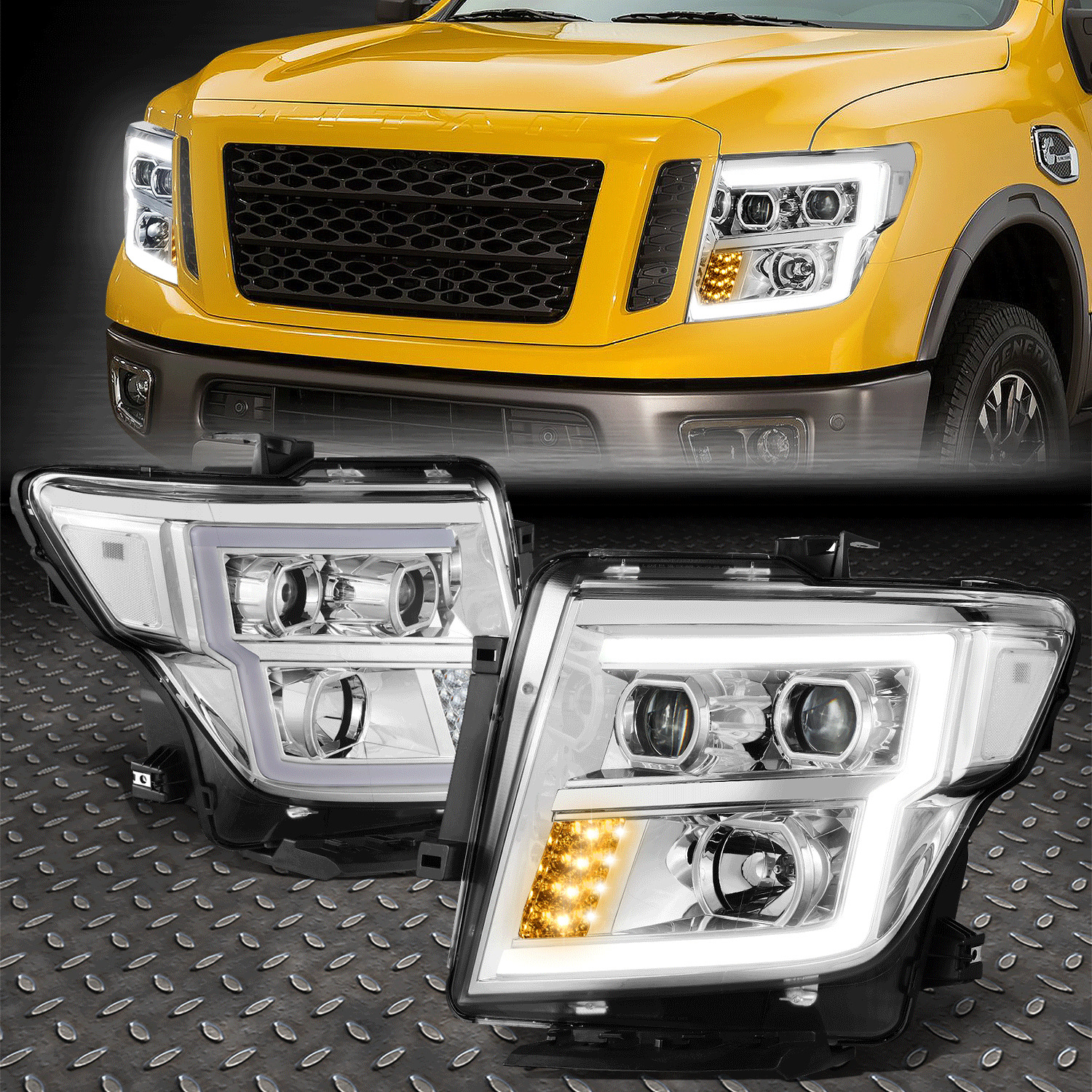 FOR 16-24 TITAN XD CHROME HOUSING CLEAR CORNER LED DRL DUAL PROJECTOR HEADLIGHTS