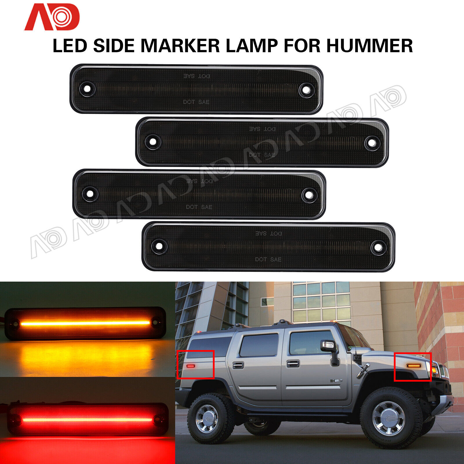 For 2003-2009 HUMMER H2 Smoked Front Rear LED Side Marker Light Kit Amber Red 4X