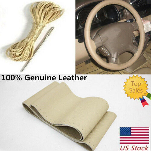 Steering Wheel Cover With Needles & Thread DIY Beige Leather Sew On 38cm