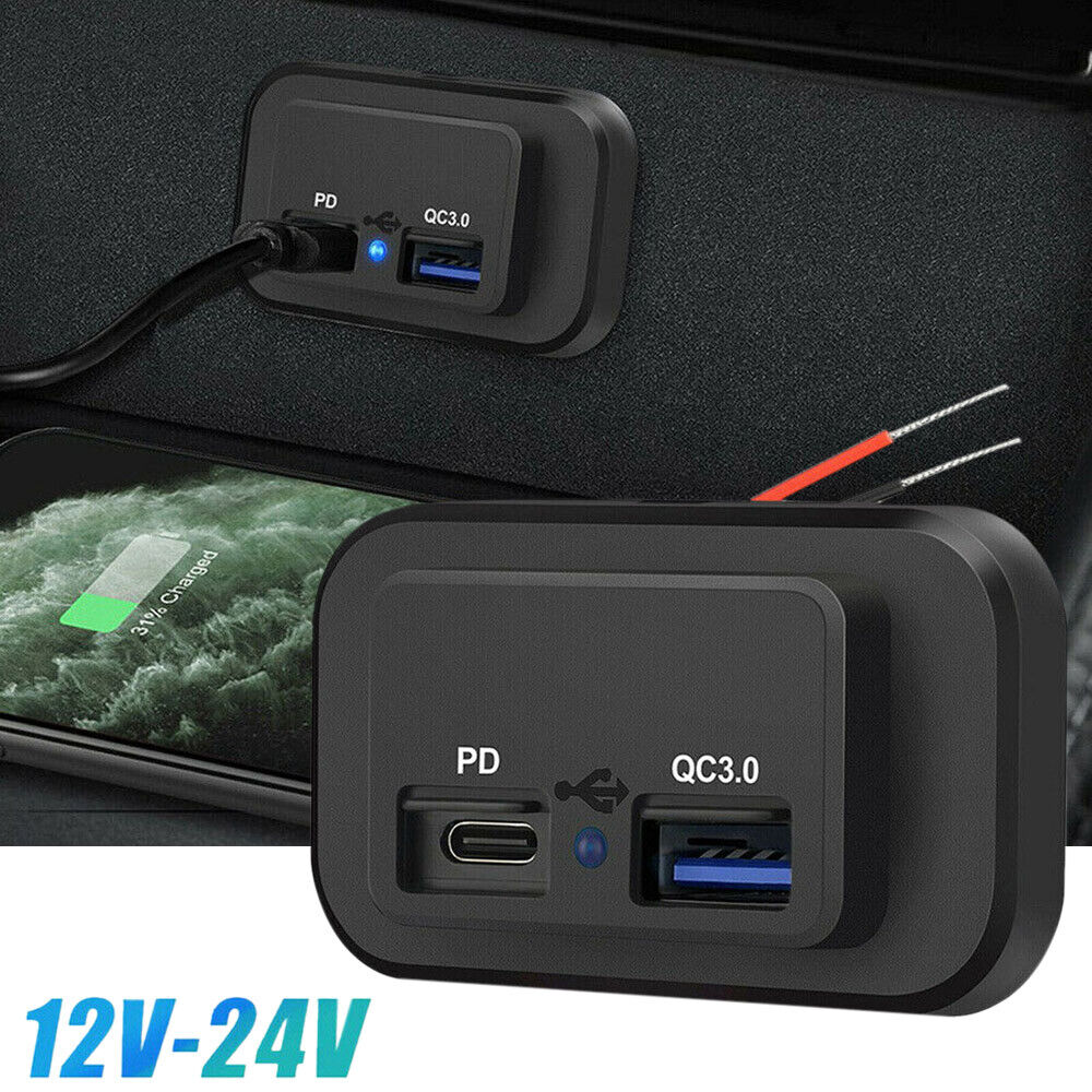 Car Charge Socket QC3.0+PD Fast Charger Dual USB Port Power Outlet 12/24V 