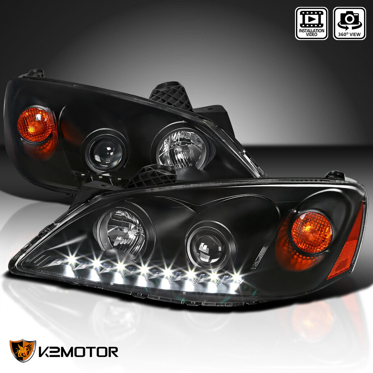 Black Fits 2005-2010 Pontiac G6 Projector Headlights LED Strip Lamps Pair 05-10
