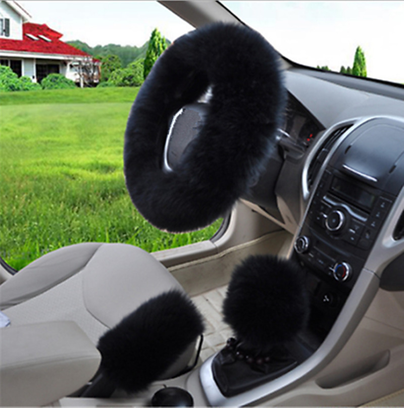 3pc Black Australia Wool Fuzzy AutoCar Steering Wheel Cover Universal  Winter US