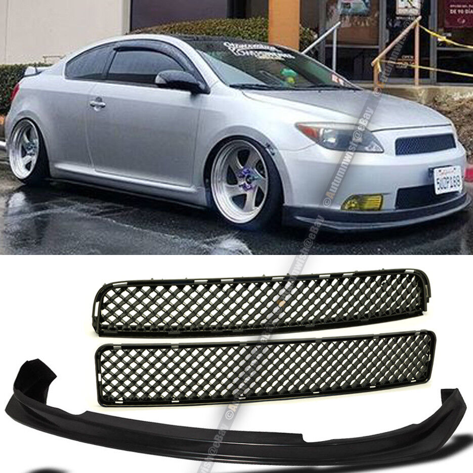 Fit tC 05-10 Upper Lower Glossy Black Mesh Grill Grille and PU Front Lip Combo