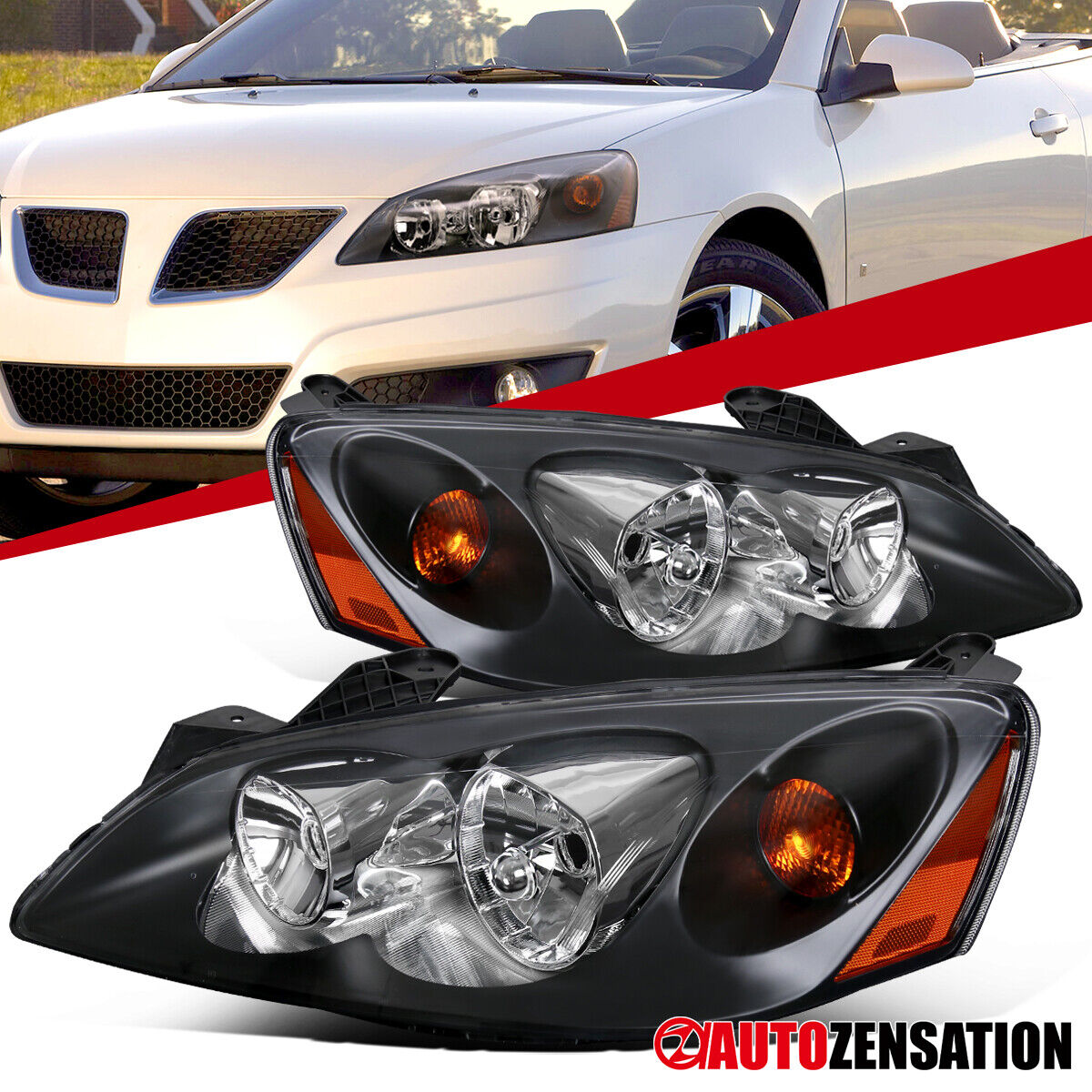 For 2005-2010 Pontiac G6 Black Headlights Headlamps Assembly Left+Right 05-10