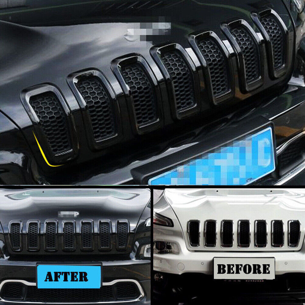 Fit 2014-2018 Jeep Cherokee Black Car Front Grille Inserts Grill Frame Trim 7pcs