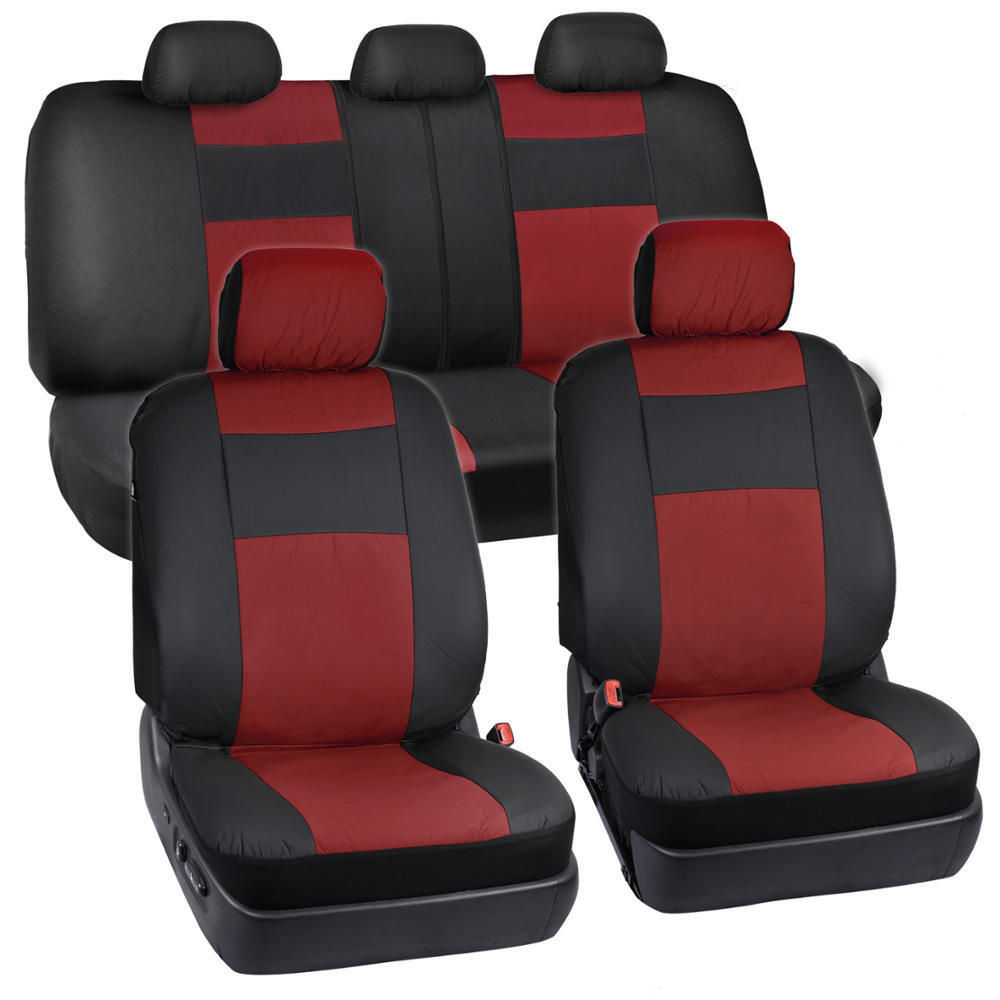 Black Red Synthetic Leather Seat Covers for Car SUV Auto Split Bench 5 Headrest