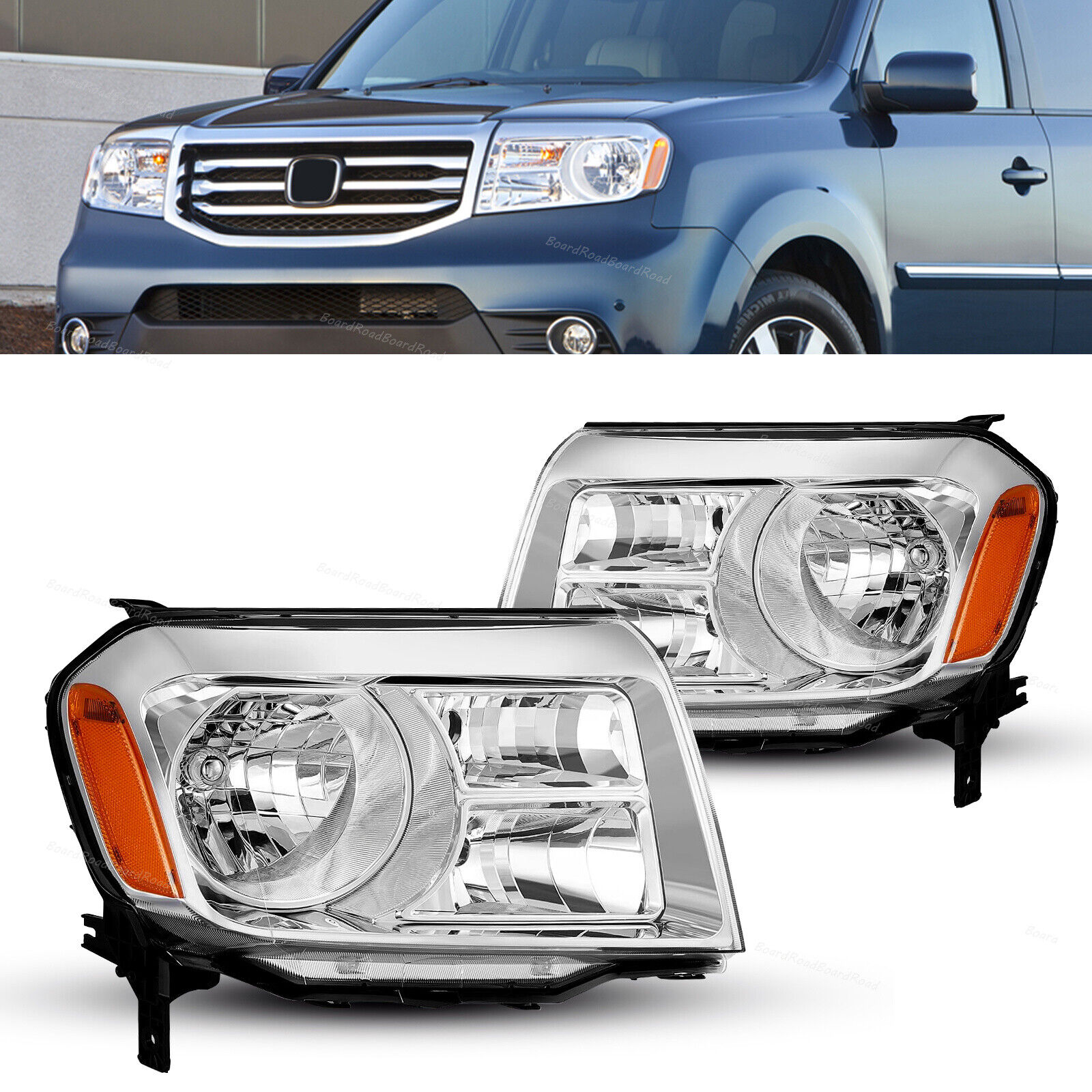 Halogen Chrome Headlights Assembly Lamps L+R For 2012 2013 2014 2015 Honda Pilot