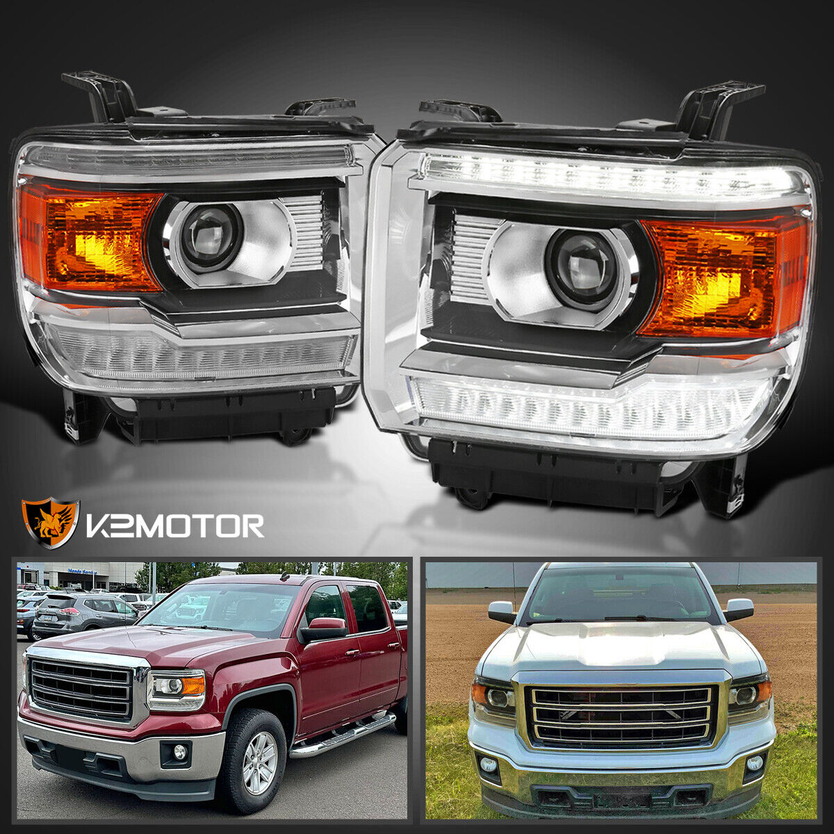 Fits 2014-2018 GMC Sierra 1500 LED Strip Projector Headlights Lamps L+R 14-18