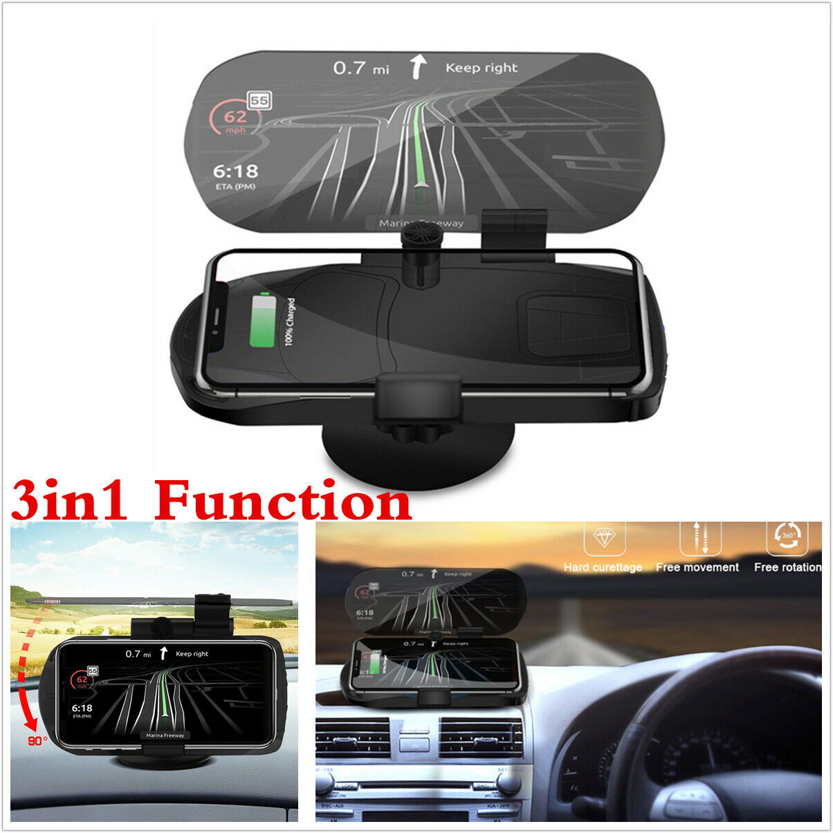 3in1 Qi Wireless Charger Car HUD Head Up Navigation Display Phone Holder Dock 