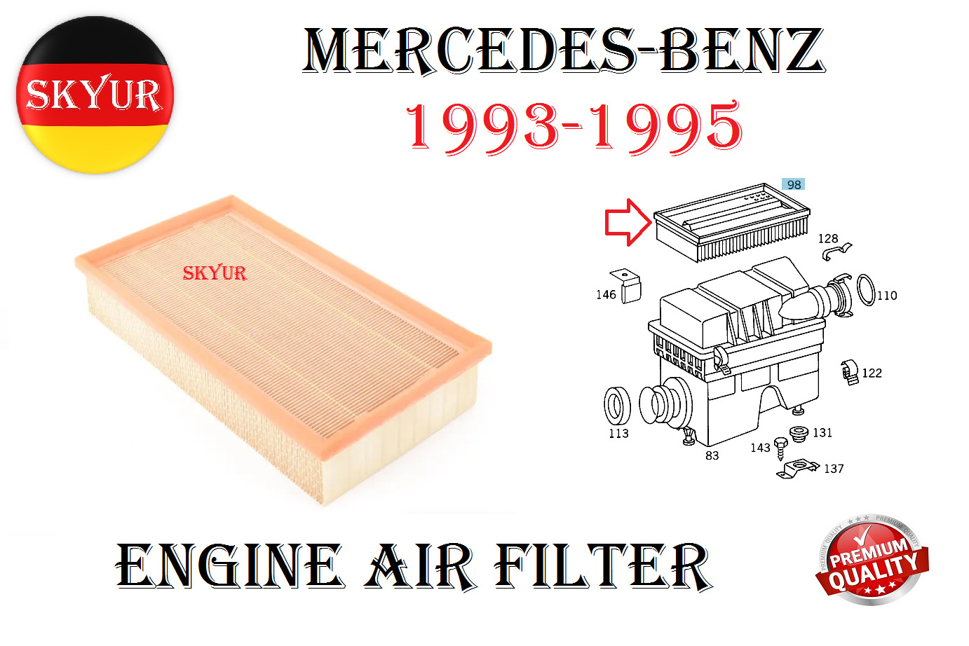 Engine Air Filter For 1993-1995 Mercedes-Benz 300CE, 300E, 300TE, E320 Premium
