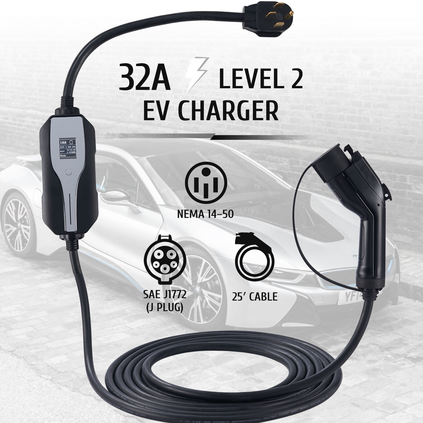 32A 240V Max Level 2 EV Charger for SAE J1772 Electric Cars & NEMA 14-50 Plugs