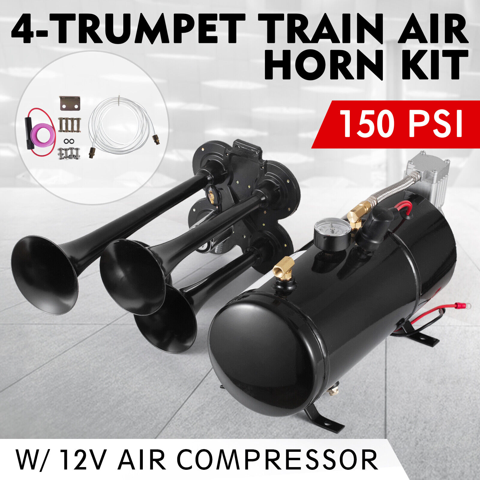 150DB 4 Trumpet Train Horn Kit with 150 PSI Air Compressor for Car Truck Train