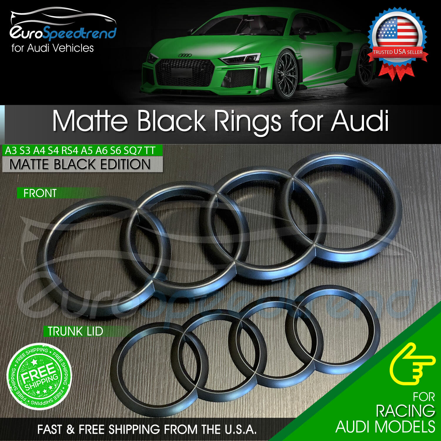 Matte Black Audi Rings Front Grill & Rear Trunk Emblem Logo A3 A4 S4 A5 S5 A6 S6