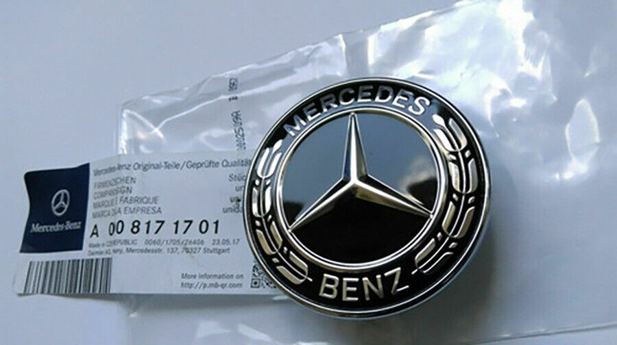 For Mercedes-Benz Black Style Hood Ornament Flat Laurel Wreath Badge Emblem