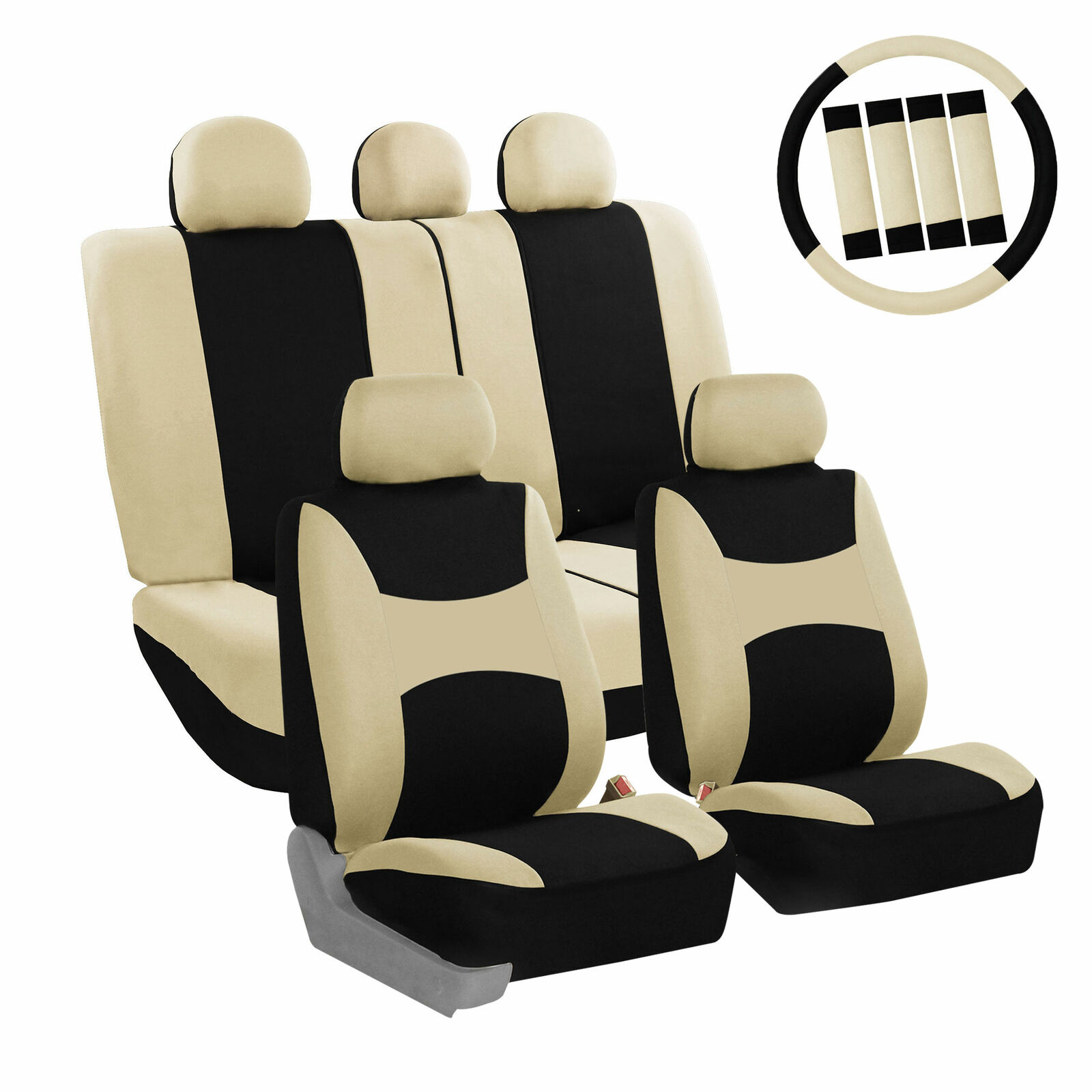Car Seat Covers Beige Full Set for Auto w/Steering Wheel/Belt Pad/5Head Rest