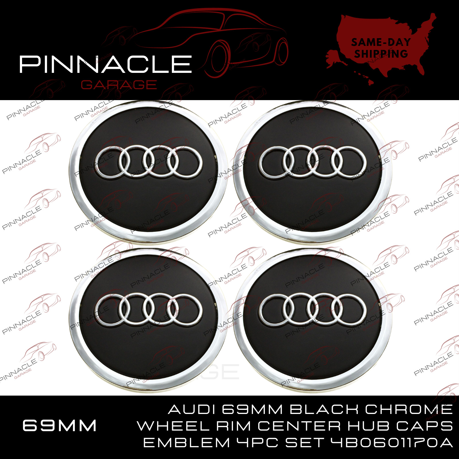 Audi 69mm Black Chrome Wheel Rim Center Hub Caps Emblem 4PC Set 4B0601170A USA