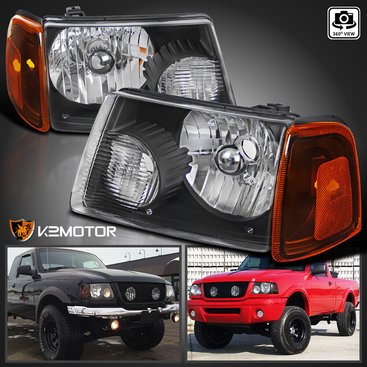 Fits 2001-2011 Ford Ranger Black Headlights+Amber Corner Signal Lamp Left+Right