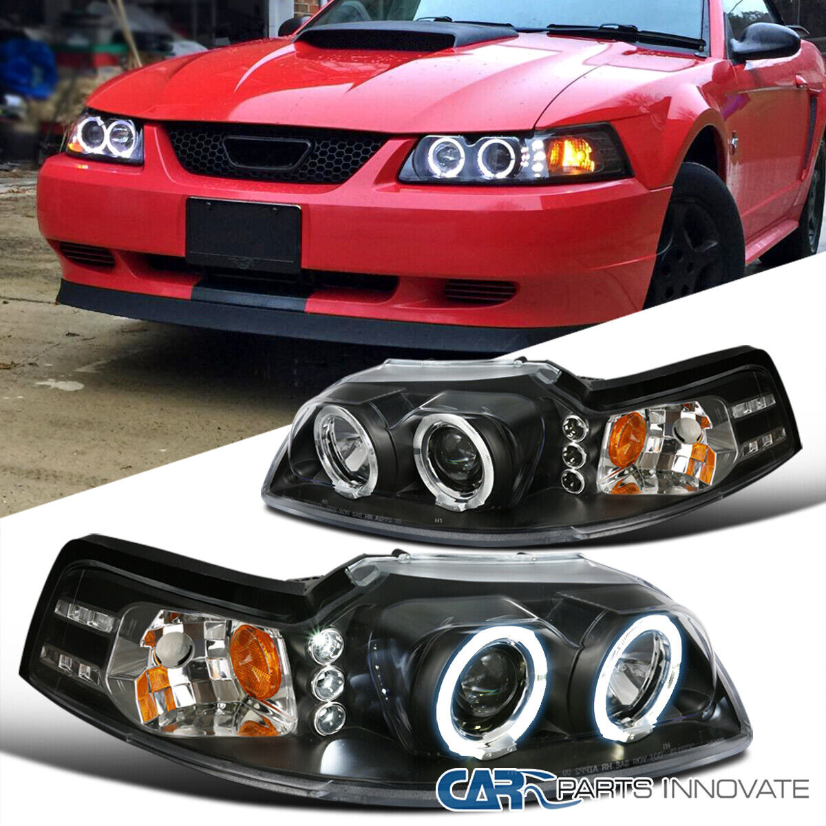 Fit 99-04 Ford Mustang Replacement Black LED Halo Projector Headlights Head Lamp