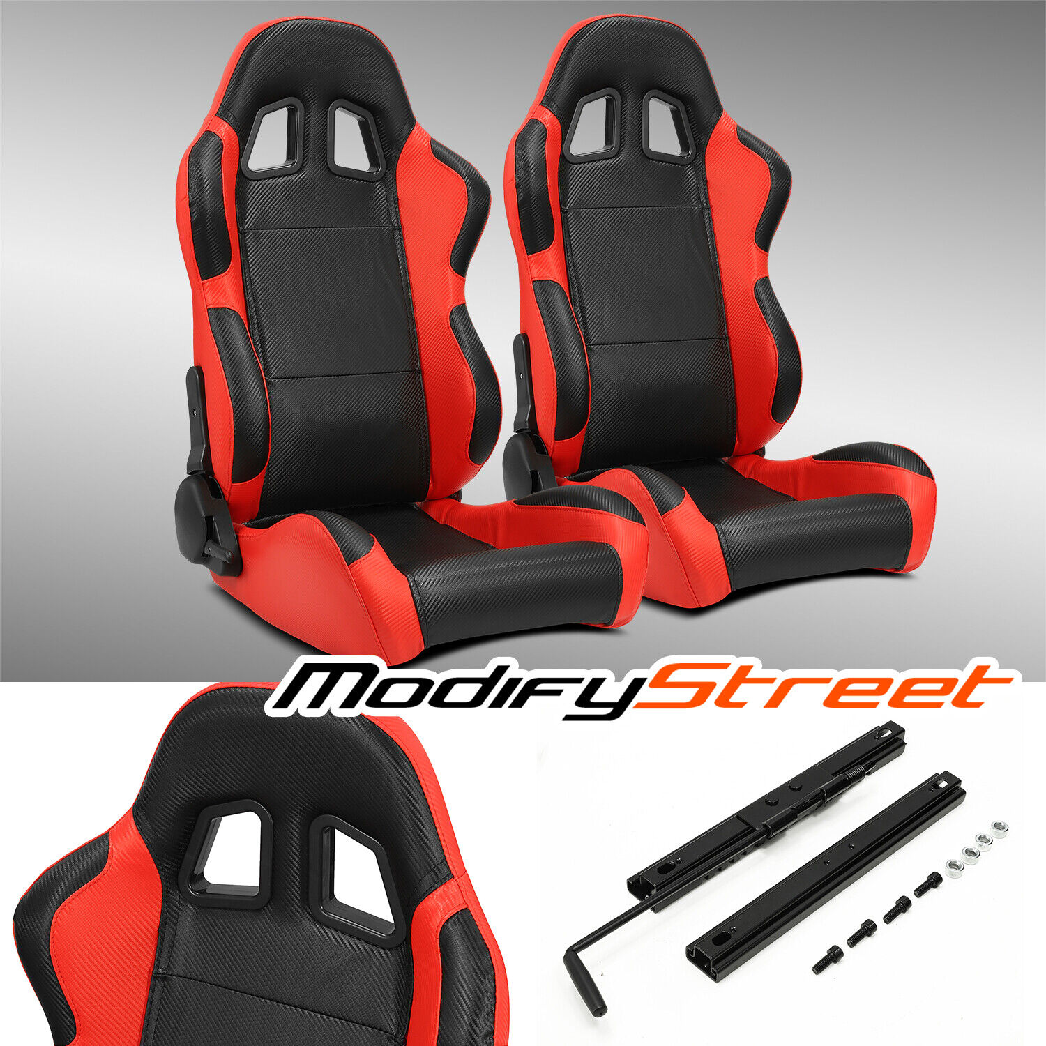 2 x BLACK/SIDE RED CARBON FIBER PVC LEATHER L/R RACING BUCKET SEATS + SLIDER